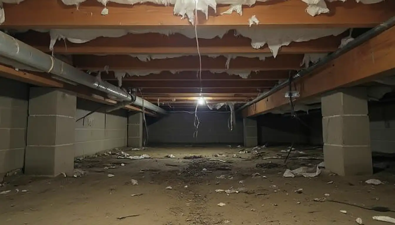 Unconditioned crawlspace showing exposed dirt floor, sagging insulation, and HVAC ductwork — the complete picture of conditions this guide addresses