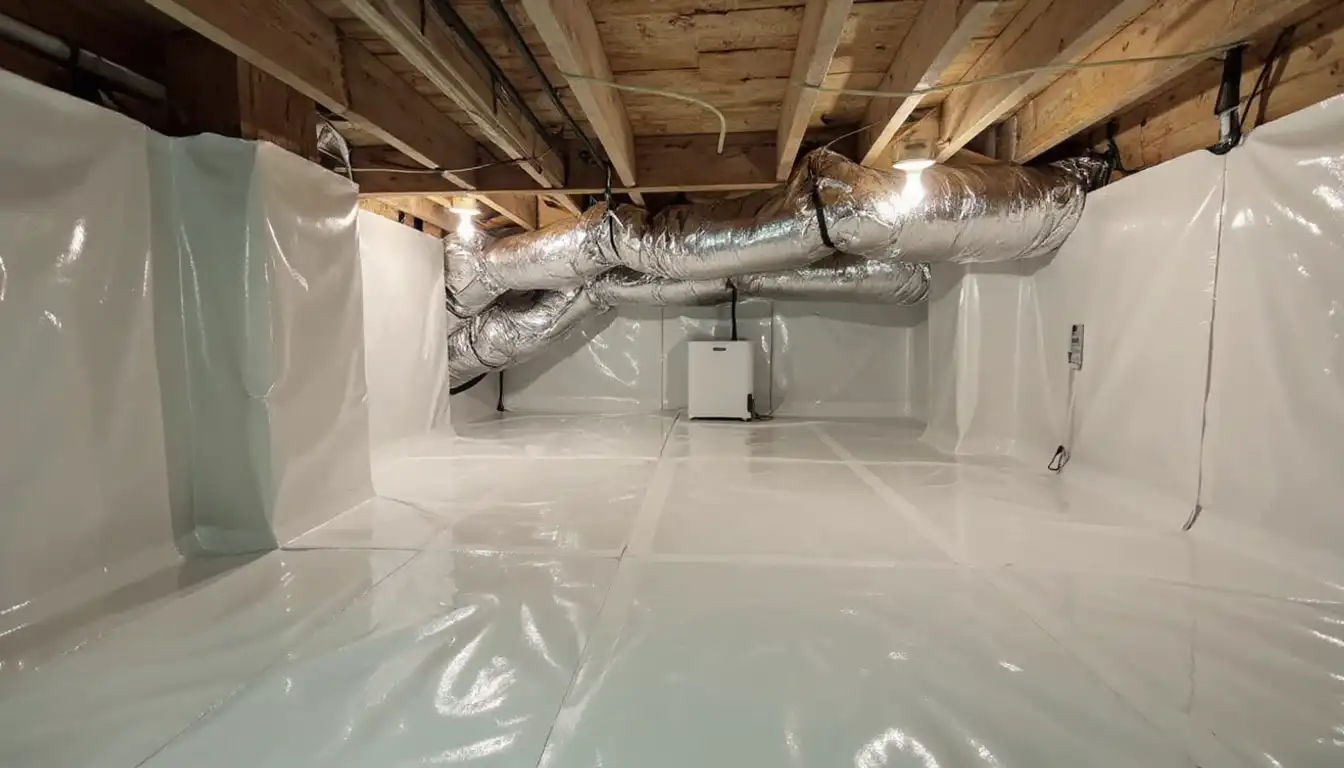 Sealed encapsulated crawlspace with white vapor barrier on floor and walls, insulated ductwork, and dehumidifier — 52 percent average humidity